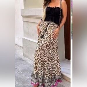 Zara Brown White Patterned Women's Maxi Skirt tassels small EUC viscose